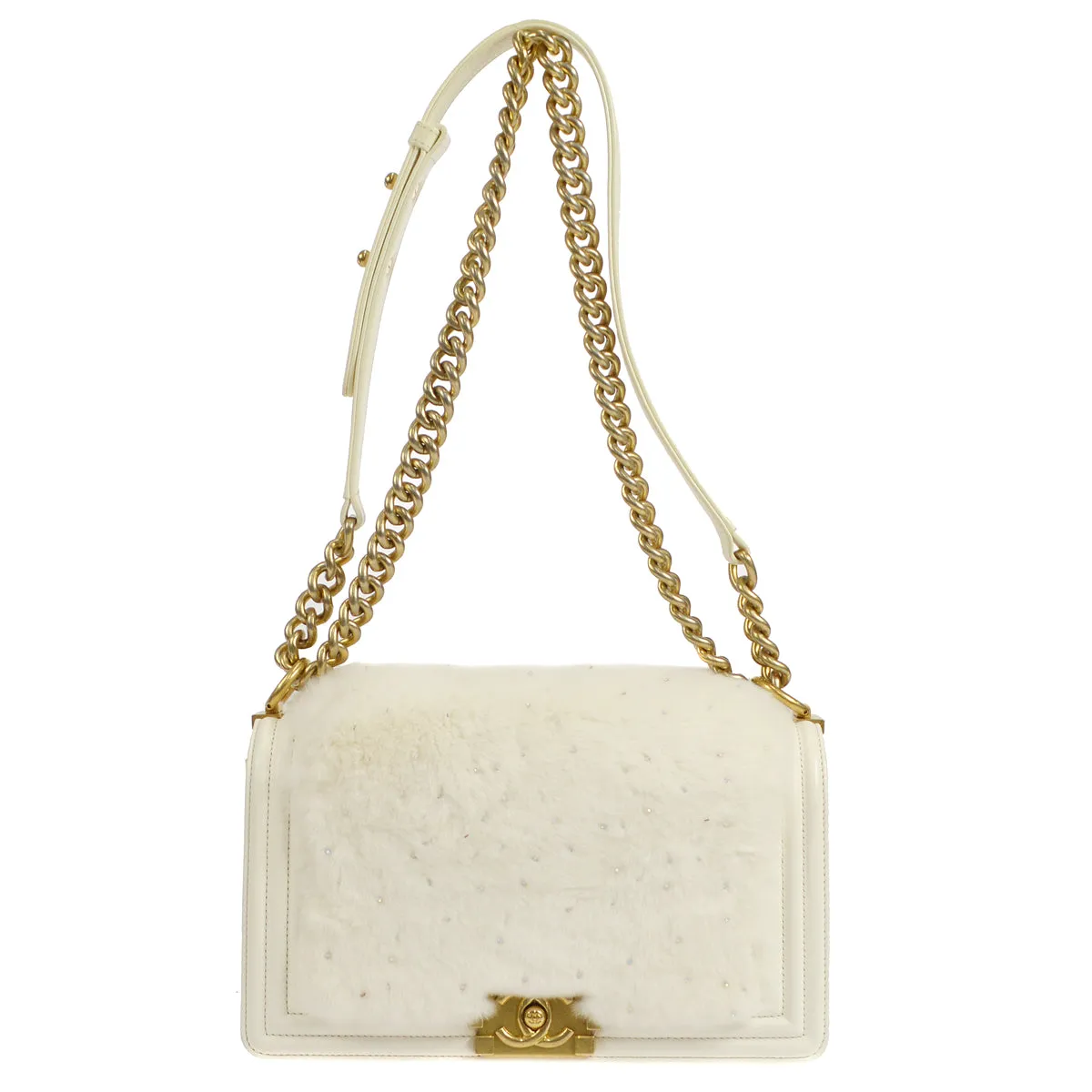 BOY CHANEL Chain Shoulder Bag White Fur Leather 74174